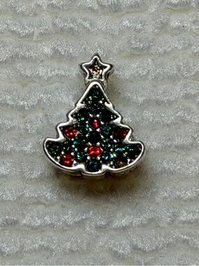 Sterling Silver Italian Christmas Tree Charm with Green and Red Rhinestones